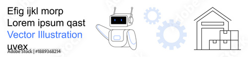 Warehouse automation, robotics, logistics, storage, supply chain, technology integration. ion of a robot, gear symbol and warehouse outline. Warehouse automation and robotics in logistics concept