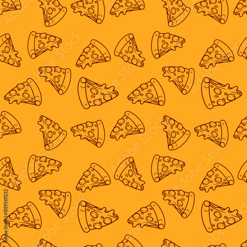 Pizza outline seamless pattern on orange background. Pizza slice with topping motif. Vector illustration