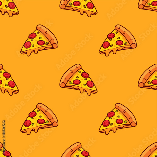 Slice of Pizza seamless pattern on orange background. Pizza slice with topping motif. Vector illustration