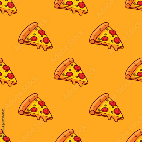 Slice of Pizza seamless pattern on orange background. Pizza slice with topping motif. Vector illustration