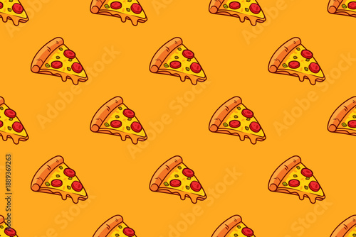 Pizza seamless pattern on orange background. Pizza slice with topping motif. Vector illustration