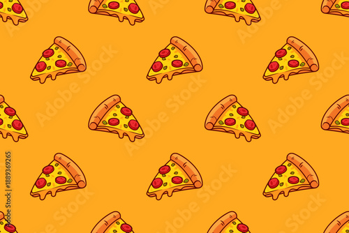 Pizza seamless pattern on orange background. Pizza slice with topping motif. Vector illustration