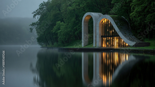 Modern architectural building with curved design beside a calm lake surrounded by trees.
