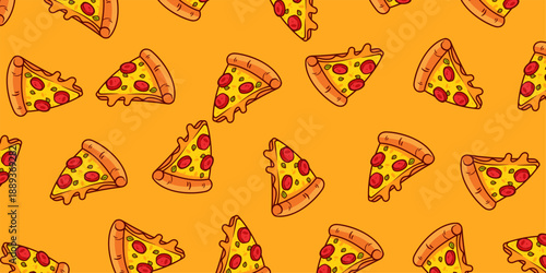 Slice of Pizza seamless pattern on orange background. Pizza slice with topping motif. Vector illustration