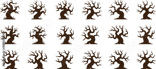 Scary dead tree silhouettes collection,  twisted trees with various gnarled branches, spooky appearance, with bare branches and crooked trunks that convey a haunted forest atmosphere vector art.
