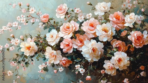 Delicate pink and white roses blooming abundantly with green leaves against a soft muted background, evoking a sense of natural beauty and tranquility