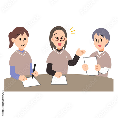 ミーティングをするスクラブスーツを着た三人の女性のイラスト