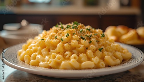 Wallpaper Mural Close-up of creamy macaroni and cheese garnished with herbs and breadcrumbs on a decorative plate with blurred background Torontodigital.ca