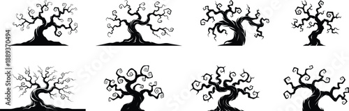 Stylized leafless tree with sharp, angular branches silhouette collection, haunting trees silhouette, for digital art, tattoo, gothic wallpaper, vector-based print, posters and apparel vector art.