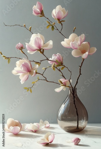 Delicate pink and white magnolia flowers on branches arranged in a transparent glass vase with fallen petals scattered on a white surface against a soft gray background