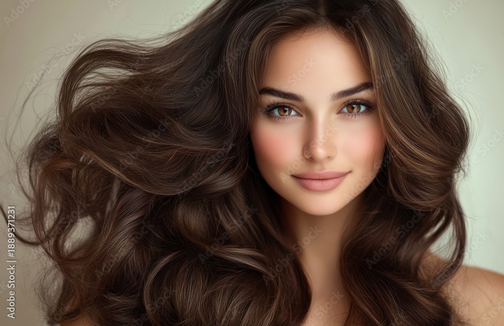 Naklejka premium Close-up of a woman with voluminous glossy long brown wavy hair and exposed shoulders conveying elegant confident beauty