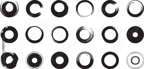 Black color circular shapes abstract brushstroke collection, ink round brush strokes, hand drawn circle, Japan Red circle round element for design, vector illustration.