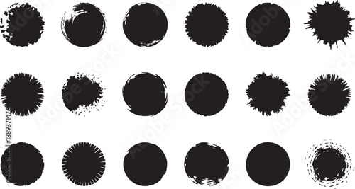 Dark color circular shapes abstract brushstroke collection, solid circle ragged logo for design, grunge circle dot vector illustration.
