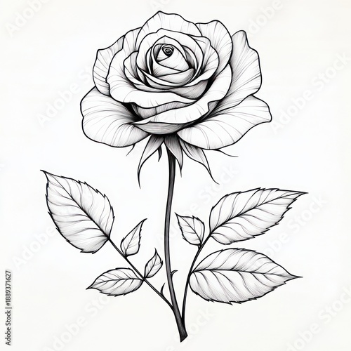 detailed black ink line drawing of a single blooming rose with layered petals, long stem and textured leaves, delicate elegant botanical illustration evoking serenity