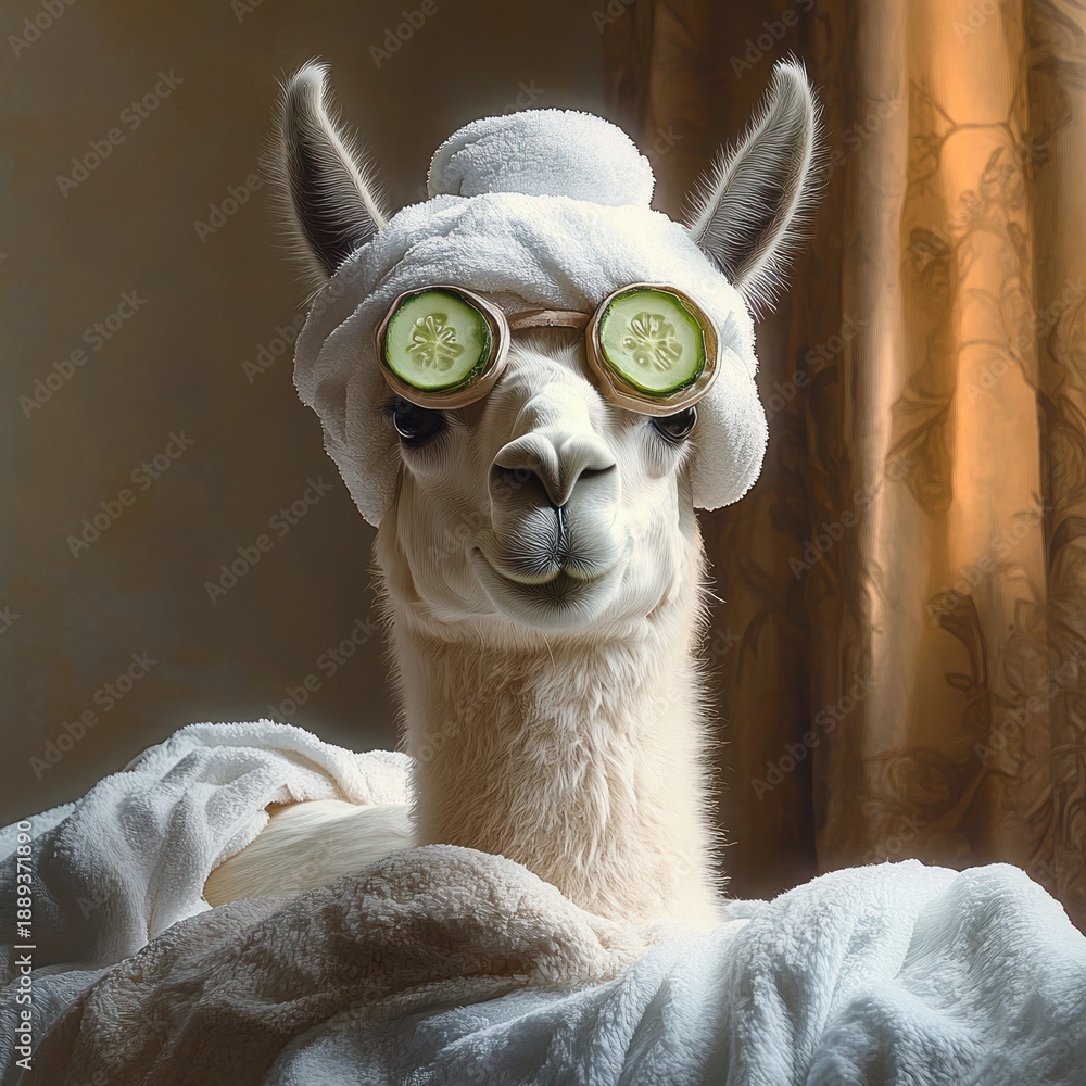 Fototapeta premium close-up of a white llama wearing a towel turban and cucumber slices over eyes, wrapped in a fluffy white towel in a warm indoor setting