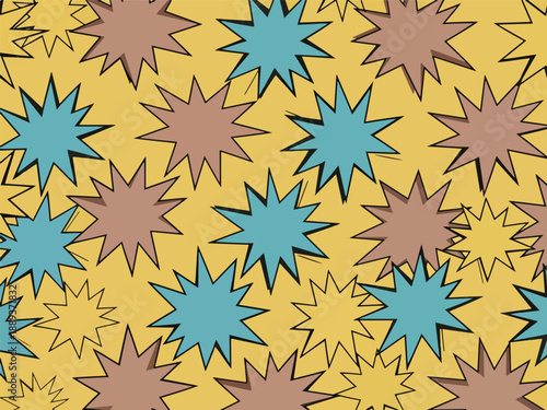 Seamless pattern of spiky starlike comic book bursts in blue brown and yellow