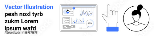 Data analytics, user interaction, navigation, digital identification, technology UI, infographics. A screen with graphs, clicking hand icon and avatar outline. Data analytics and user interaction