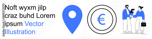 Business strategy, finance, collaboration, location, teamwork, and navigation concepts. Euro currency symbol, GPS location pin two professionals shaking hands. Finance and business strategy