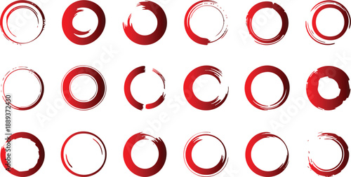Red color circular shapes abstract brushstroke collection, circle bundle, Enso zen stroke circle, Round element for design, vector illustration.