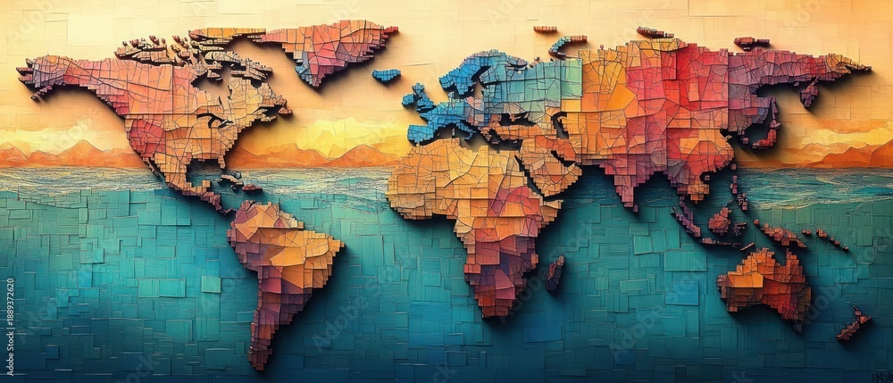 Fototapeta premium Textured mosaic world map with layered continents, warm sunset hues above a teal ocean and distant mountains on the horizon, vibrant and inspiring