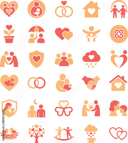 A comprehensive collection of modern vector icons illustrating family bonds, love, unity, and community support, perfect for new graphic design projects