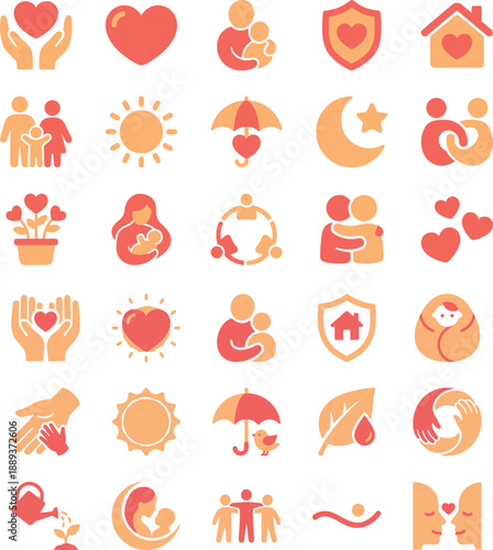 A versatile flat icon set symbolizing love, family unity, community support, care, and protection, for modern designs
