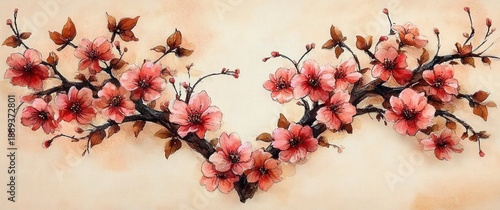 Delicate watercolor painting of pink cherry blossoms on dark brown branches with soft beige background conveying calm and natural beauty
