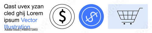 Finance, e-commerce, online shopping, currency exchange, retail, modern business. Minimalist design showing dollar sign symbols and a shopping cart. Focus on finance and e-commerce topics