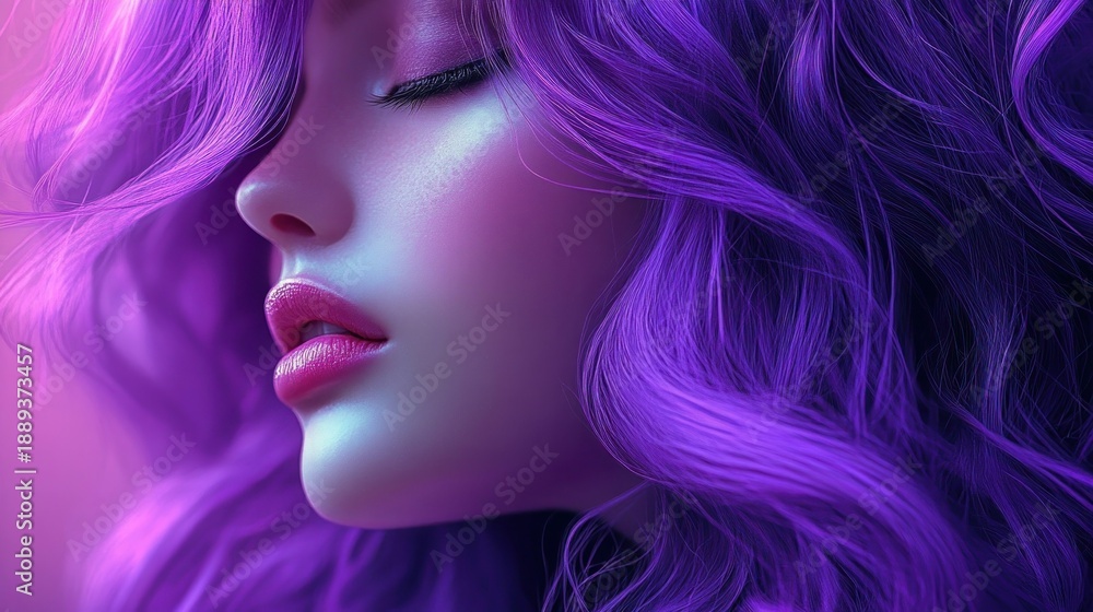 Fototapeta premium Close-up of vibrant purple and magenta wavy hair strands with silky texture and flowing movement evoking dreamy mysterious beauty
