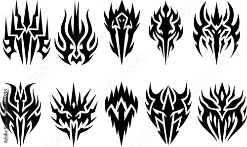 Aggressive tribal and dark fantasy spike motifs in solid black silhouette collection, different shapes, gothic tribal tattoo art, fantasy logos, weapon decals, dark branding, graphic design, vector ar