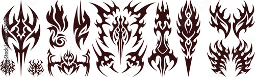Aggressive tribal and dark fantasy spike motifs in solid black silhouette collection, gothic tribal tattoo art, fantasy logos, weapon decals, dark branding, graphic design, vector illustration.