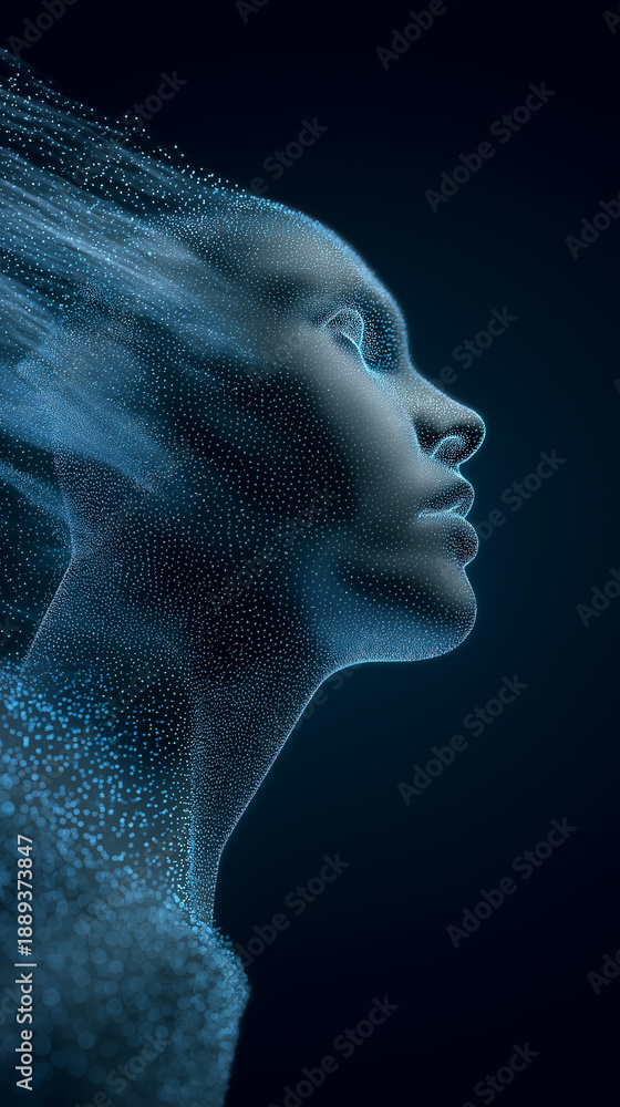 Obraz premium Futuristic human face formed from glowing digital particles symbolizing artificial intelligence and advanced data processing.