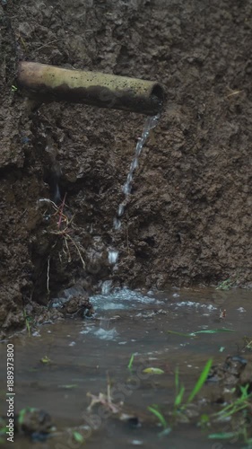 Water flows from bamboo pipes on rice field embankments. Traditional and simple irrigation.