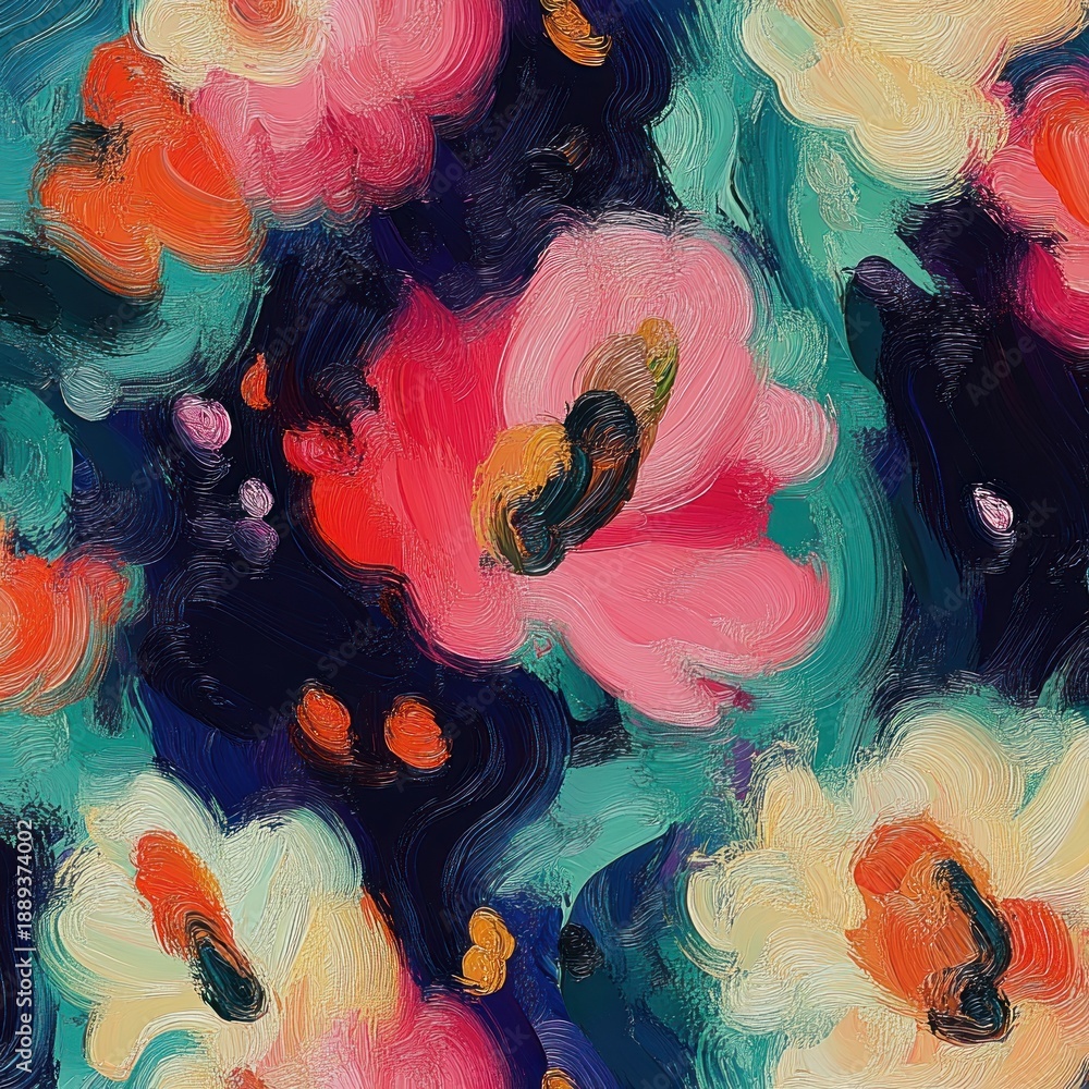 Fototapeta premium Vibrant impasto floral painting with swirling pink, coral, cream and teal blossoms on a deep navy background, expressive textured brushstrokes and joyful energetic mood