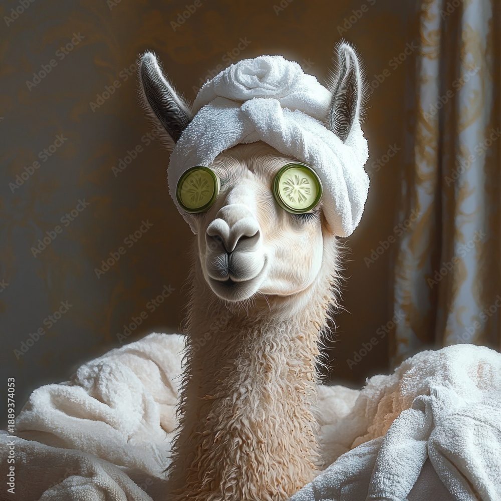 Fototapeta premium A calm llama with a white towel wrapped on its head and cucumber slices over its eyes, surrounded by soft white bath towels in a cozy setting