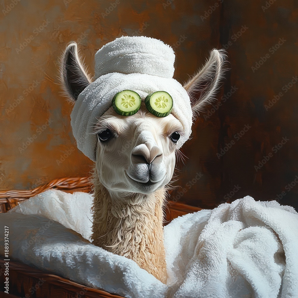 Naklejka premium Relaxed white llama with towel wrapped around its head and cucumber slices over eyes, wrapped in a fluffy white towel against a warm brown background