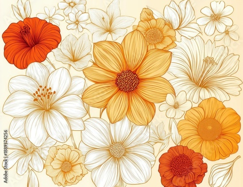 Warm hand-drawn floral composition of large yellow and white blooms with orange accents, delicate linework on a soft cream background evoking cheerful serenity