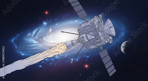 Space satellite in orbit around a planet with a glowing nebula in the background of deep space