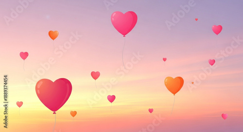 Heart shaped balloons floating in the air against a colorful sunset sky with pink and orange hues