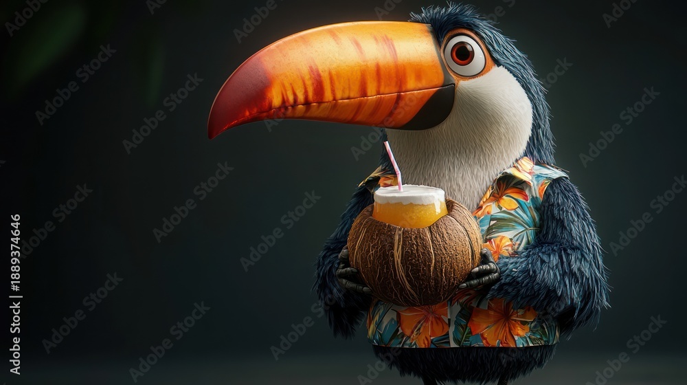 Fototapeta premium Cheerful toucan with a large orange beak wearing a colorful Hawaiian floral shirt, holding a frothy coconut drink with a straw, relaxed tropical vacation vibe