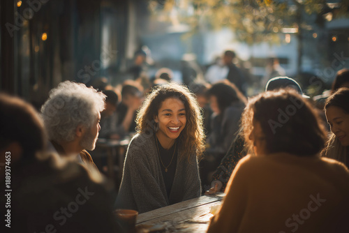 Happy young woman laughing with diverse friends at outdoor cafe table in warm sunlight, authentic candid moment capturing genuine emotions and natural social interactions