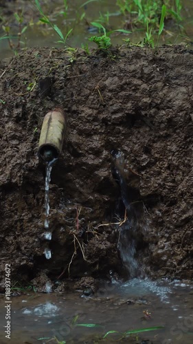 Water flows from bamboo pipes on rice field embankments. Traditional and simple irrigation.