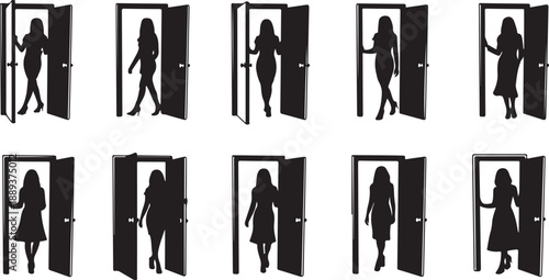 Silhouettes of women stepping out of doors in various poses