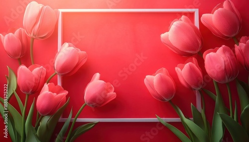 Bright pink tulips surrounding a white rectangular frame against a vibrant red background, creating a fresh and cheerful floral composition