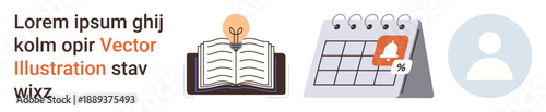 Education, productivity, scheduling, knowledge sharing, personal growth, planning. Open book with lightbulb, calendar with alert user icon. Education and productivity concepts in minimal style