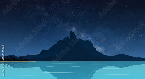 Serene mountain landscape at night with starry sky and calm water reflection