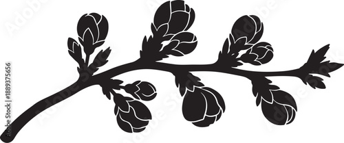 Black silhouette of a blooming tree branch with flowers