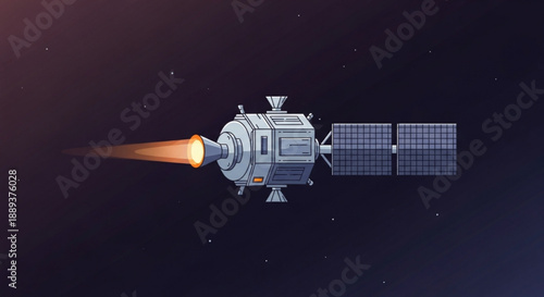 Space satellite in orbit with solar panels and engines firing against a starry night background with a glowing orange flame