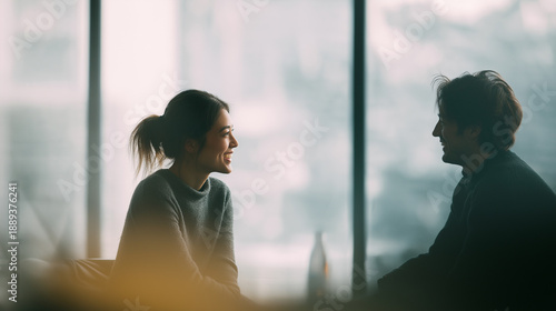 Two professional colleagues having meaningful conversation by office window, silhouetted against bright natural light, genuine engagement and connection in modern workplace