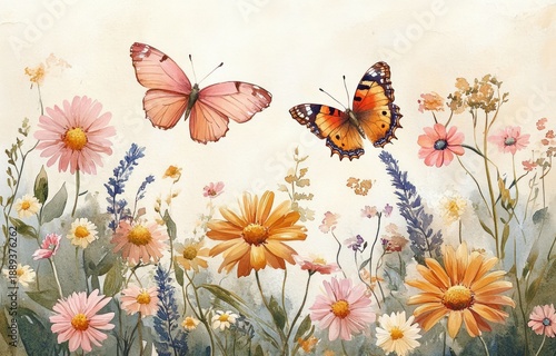 soft watercolor meadow of pink and orange wildflowers and lavender with two delicate butterflies, a serene joyful floral scene